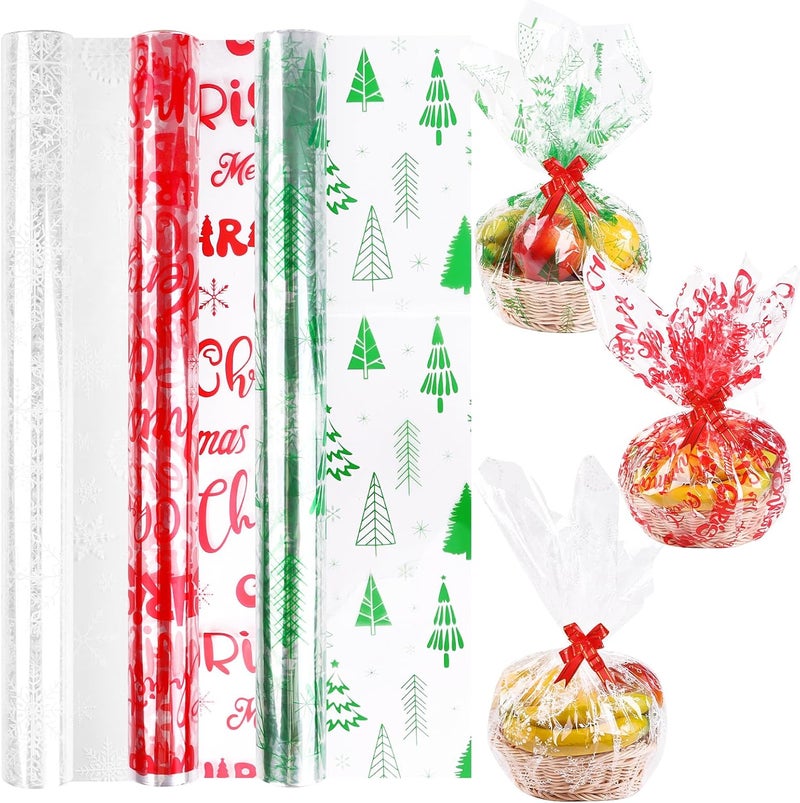 FOPINOA 3 Roll Christmas Cellophane Wrap Set, 32 in x 100 ft Christmas Cellophane Wrapping Clear Cellophane Wrap Roll Treat Gift Basket Wrapping Cellophane Paper for Xmas Party Decoration - Image 1